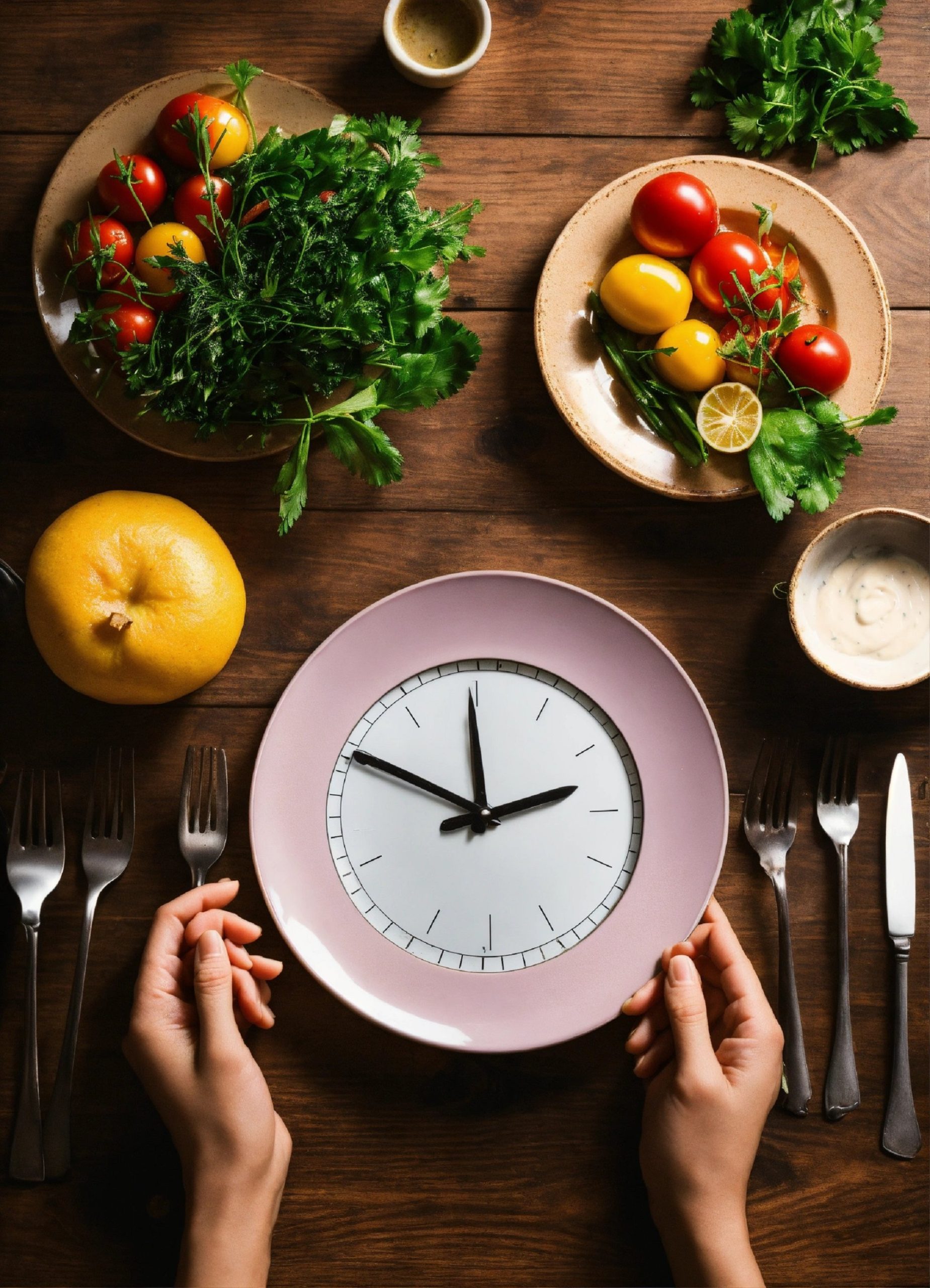 person-is-sitting-table-with-clock-bowl-fruit-vegetables
